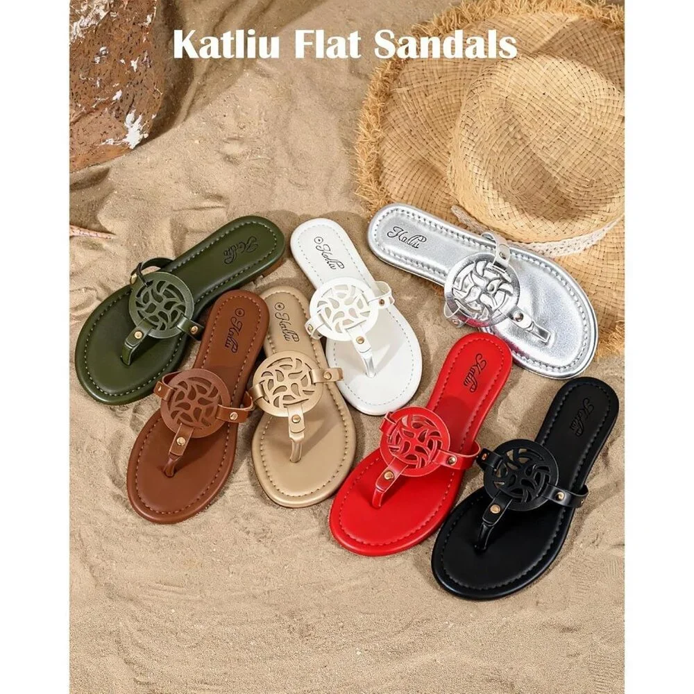Women's Red Flip Flop Comfortable Faux Leather Flat Sandals Shoes